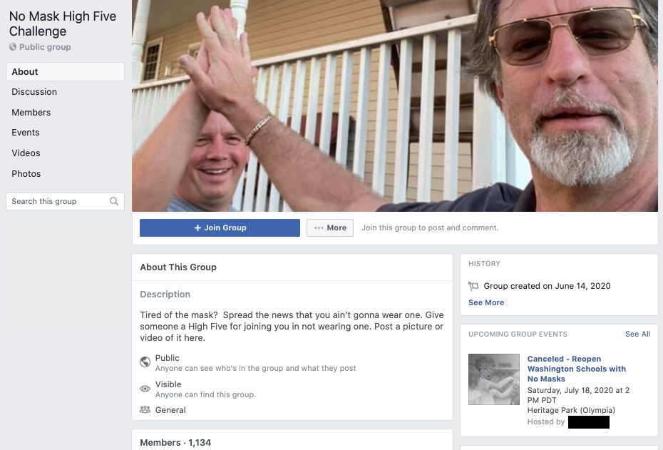 No Mask High Five Challenge Facebook group screenshot