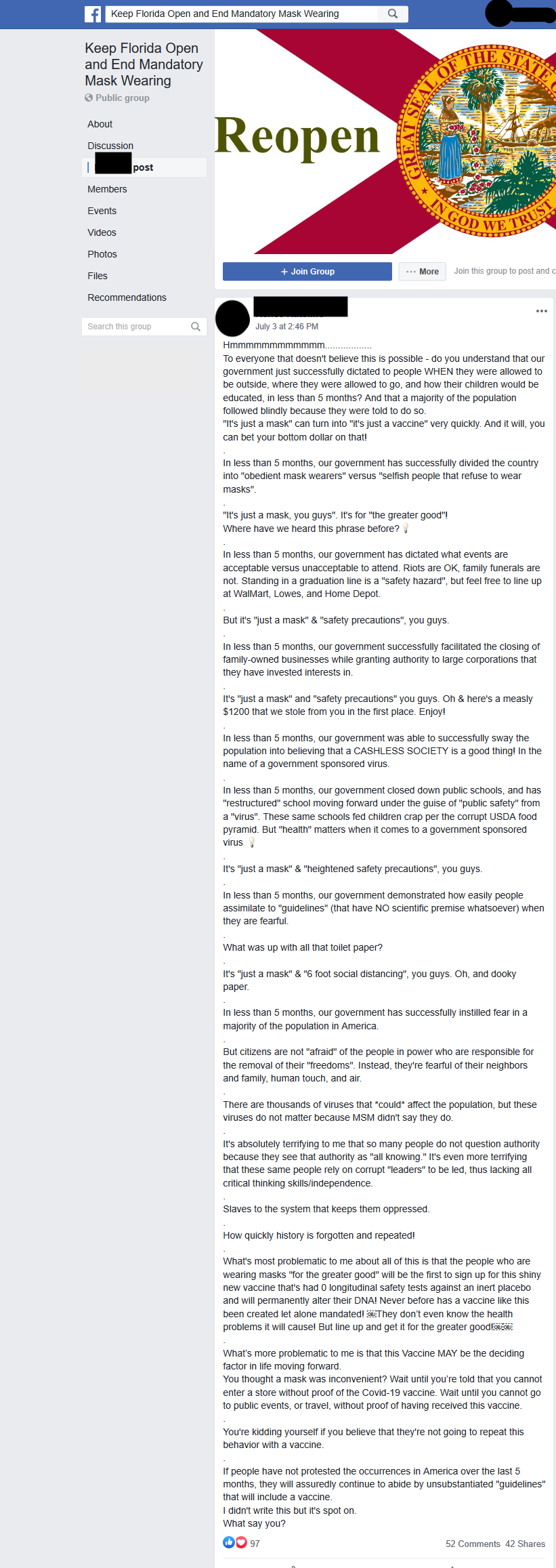 Keep Florida Open and End Mandatory Mask Wearing Facebook post screenshot 4