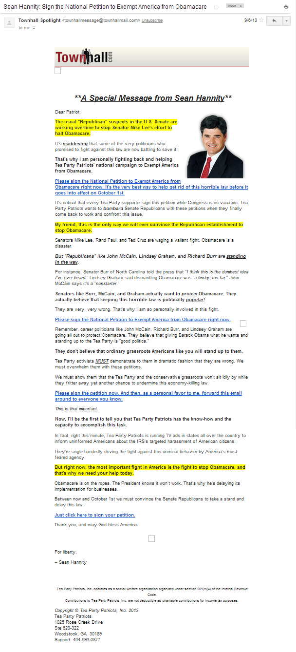 Sean Hannity Tea Party Patriots email September 6, 2013