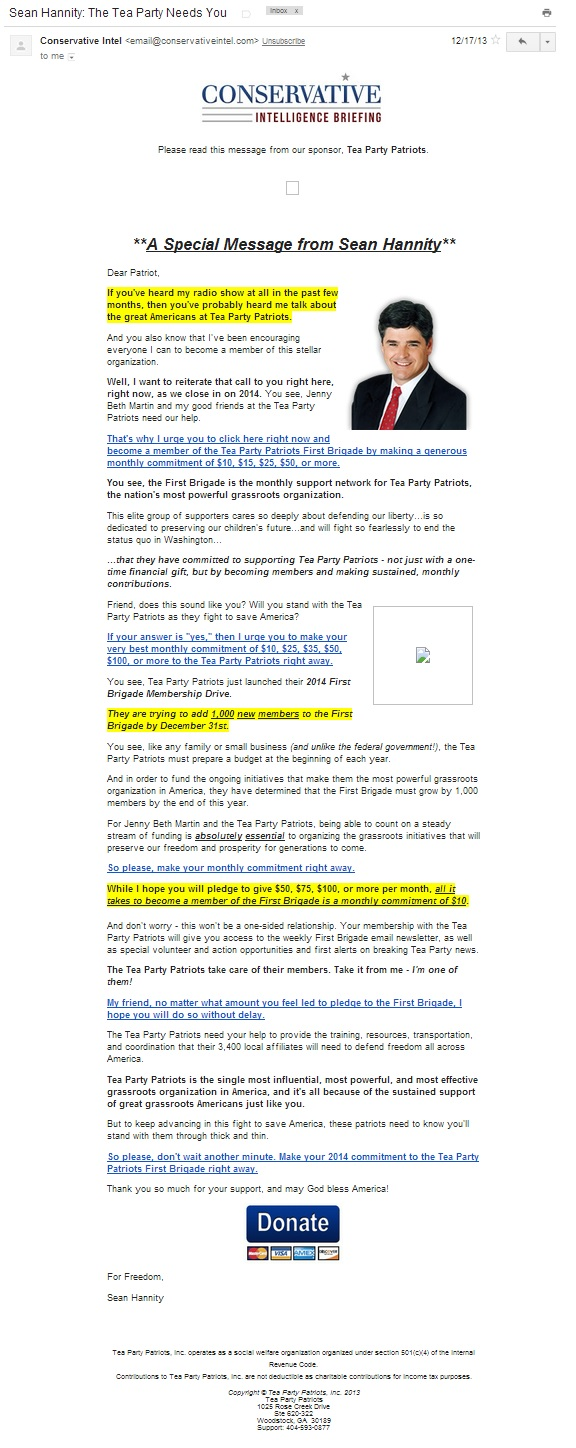Sean Hannity Tea Party Patriots email December 17, 2013