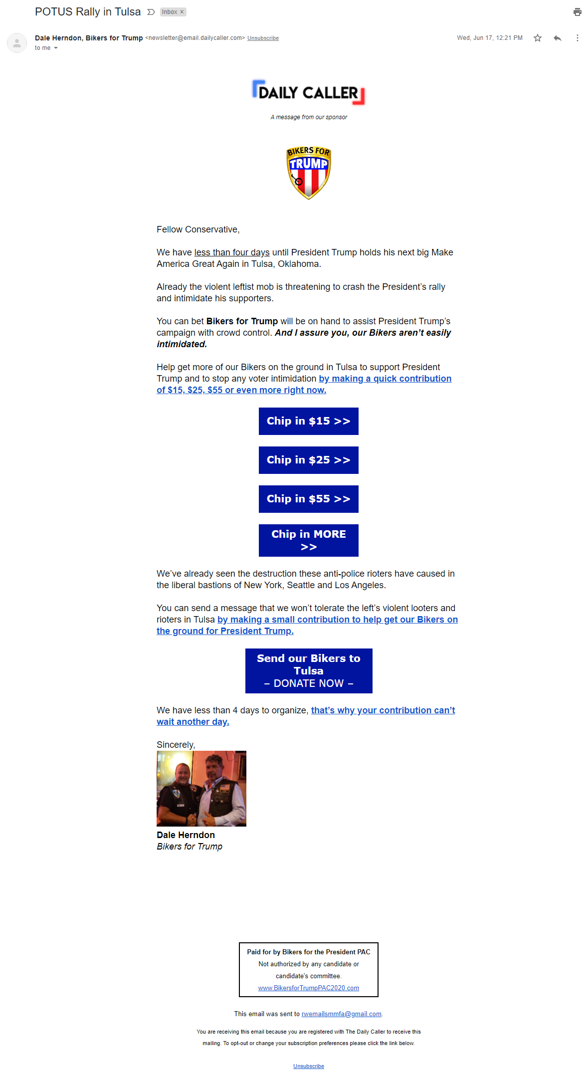 Daily Caller sponsored email for Bikers for the President PAC