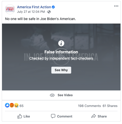 AmericaFirstAction_facebook post_20200727_labeled as containing false information