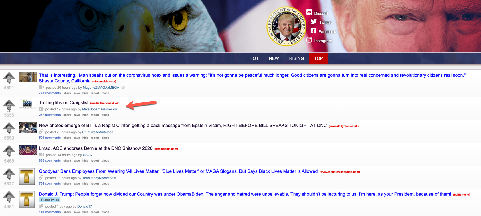 The Donald dot win top upvoted threads mailboxes