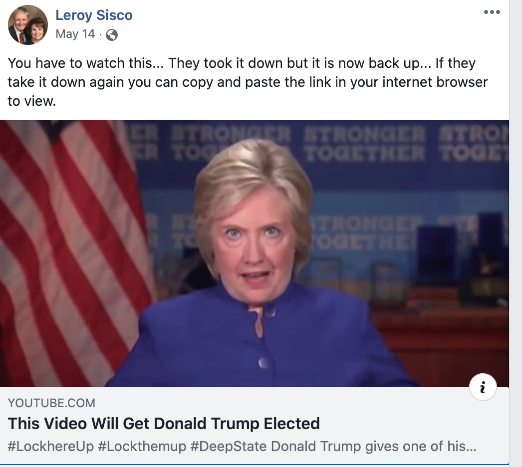 Leroy Sisco write "you have to watch this" when sharing QAnon content