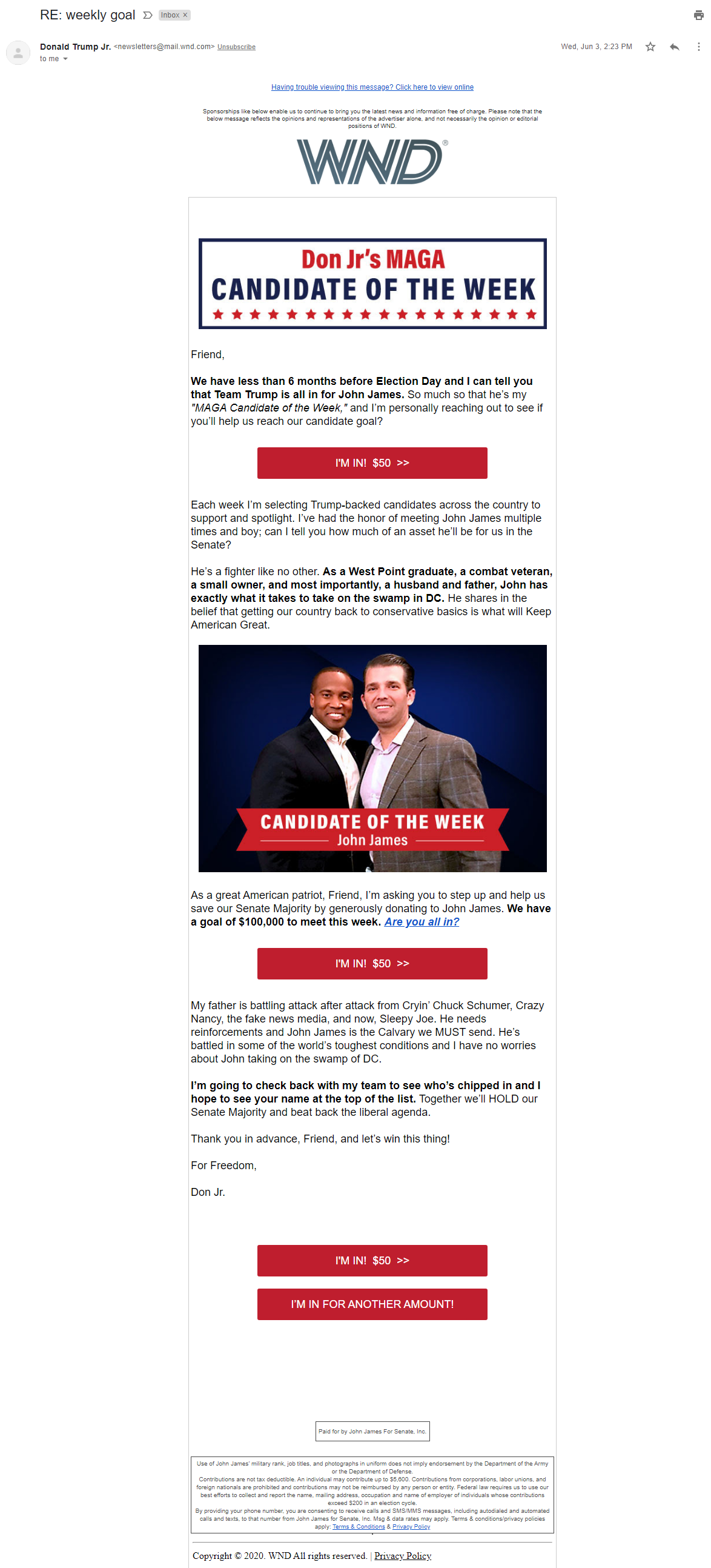 John James email in WND image