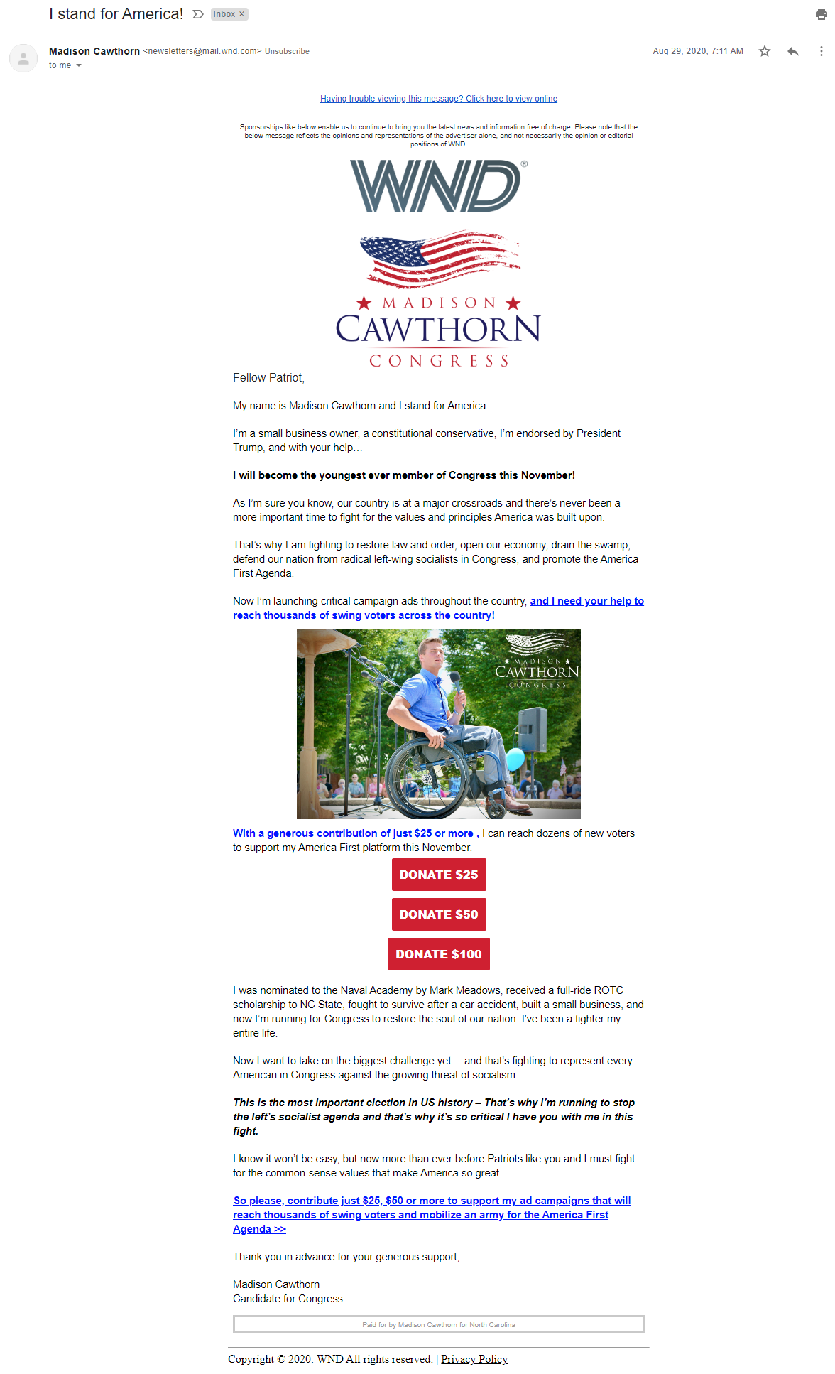 Madison Cawthorn email in WND image