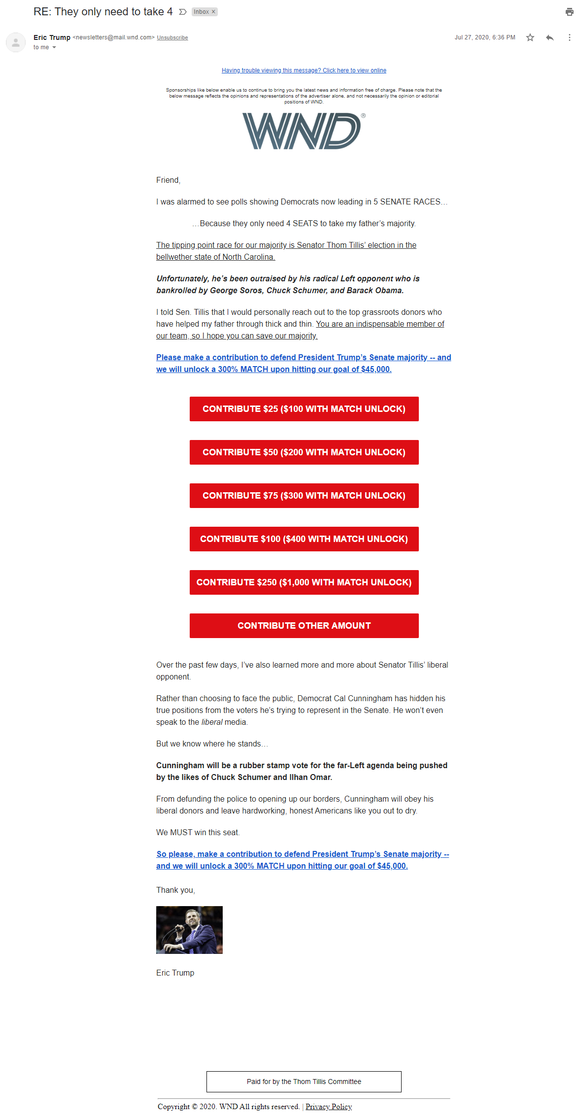Thom Tillis email in WND image