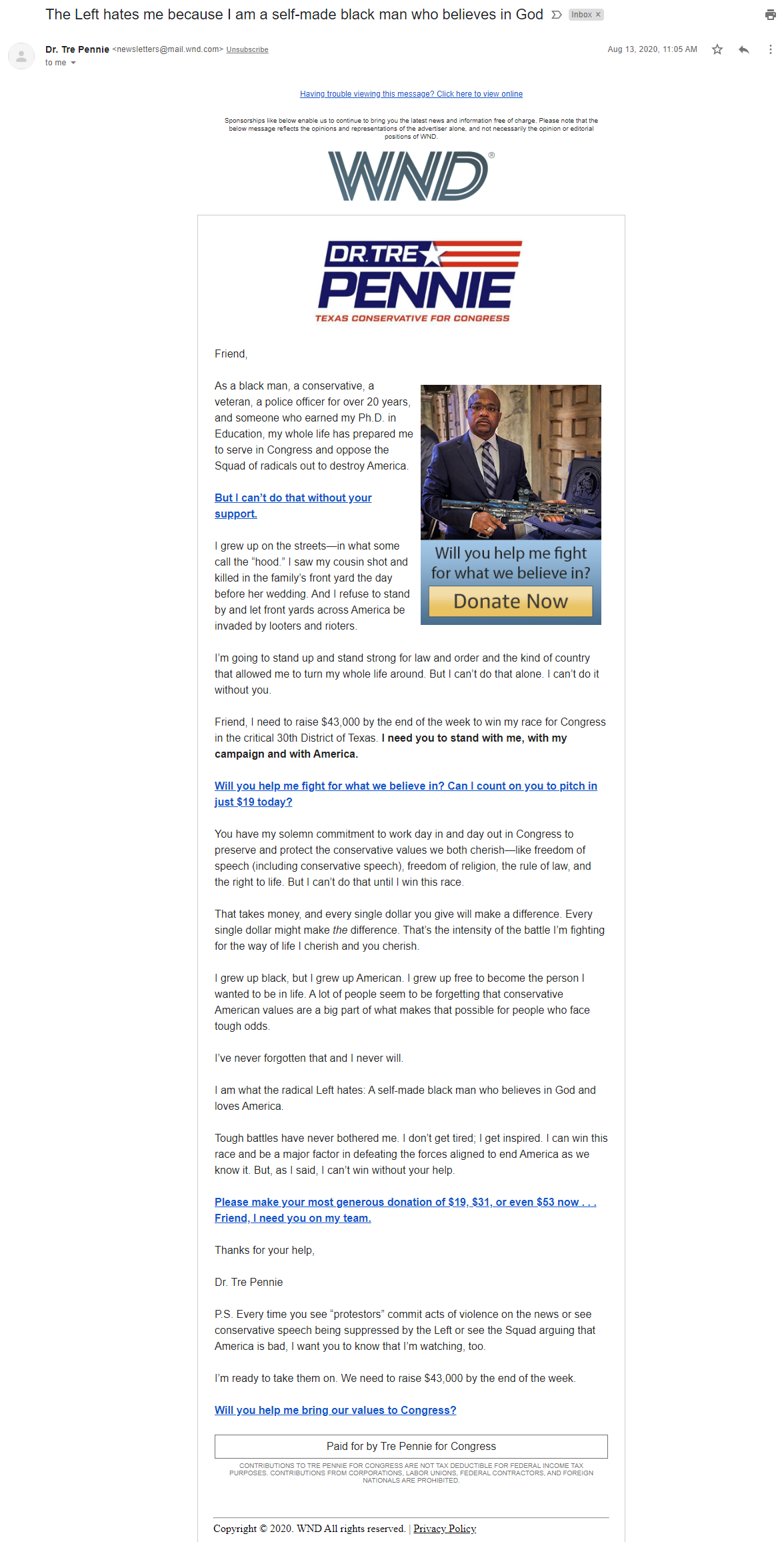 Tre Pennie email in WND image