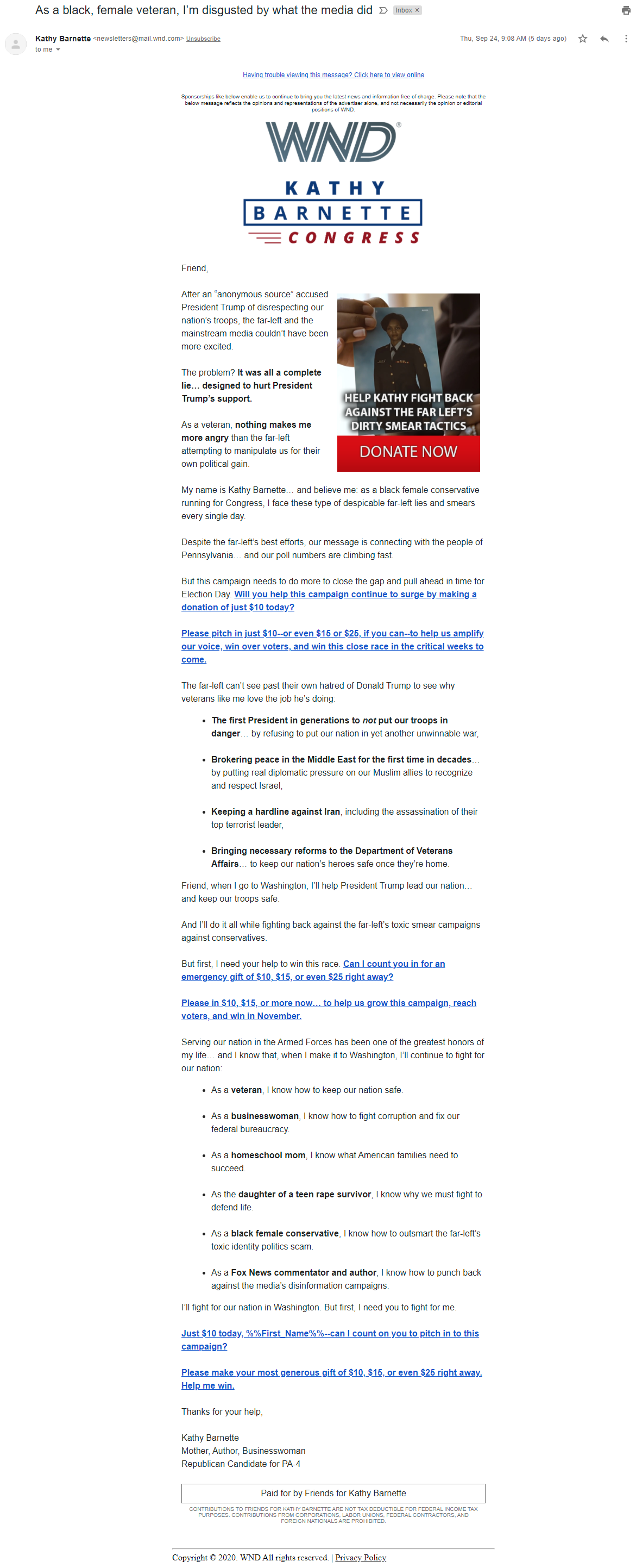 Kathy Barnette email in WND