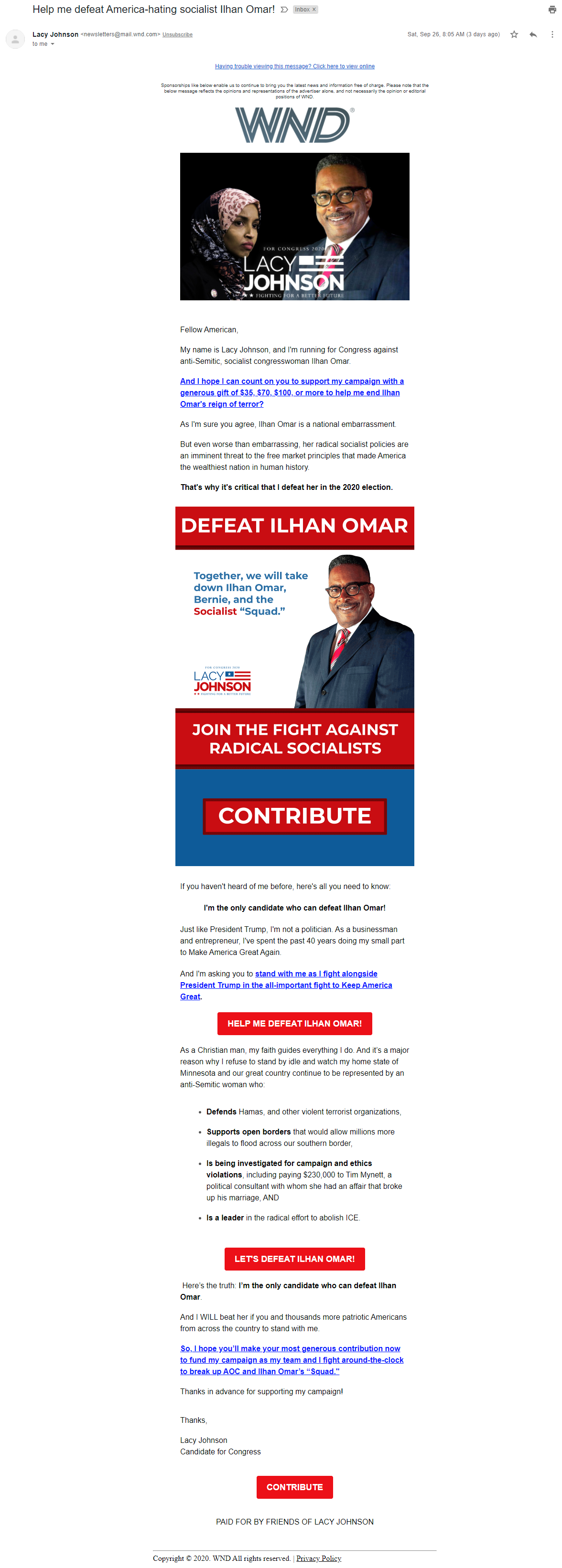 Lacy Johnson email in WND image