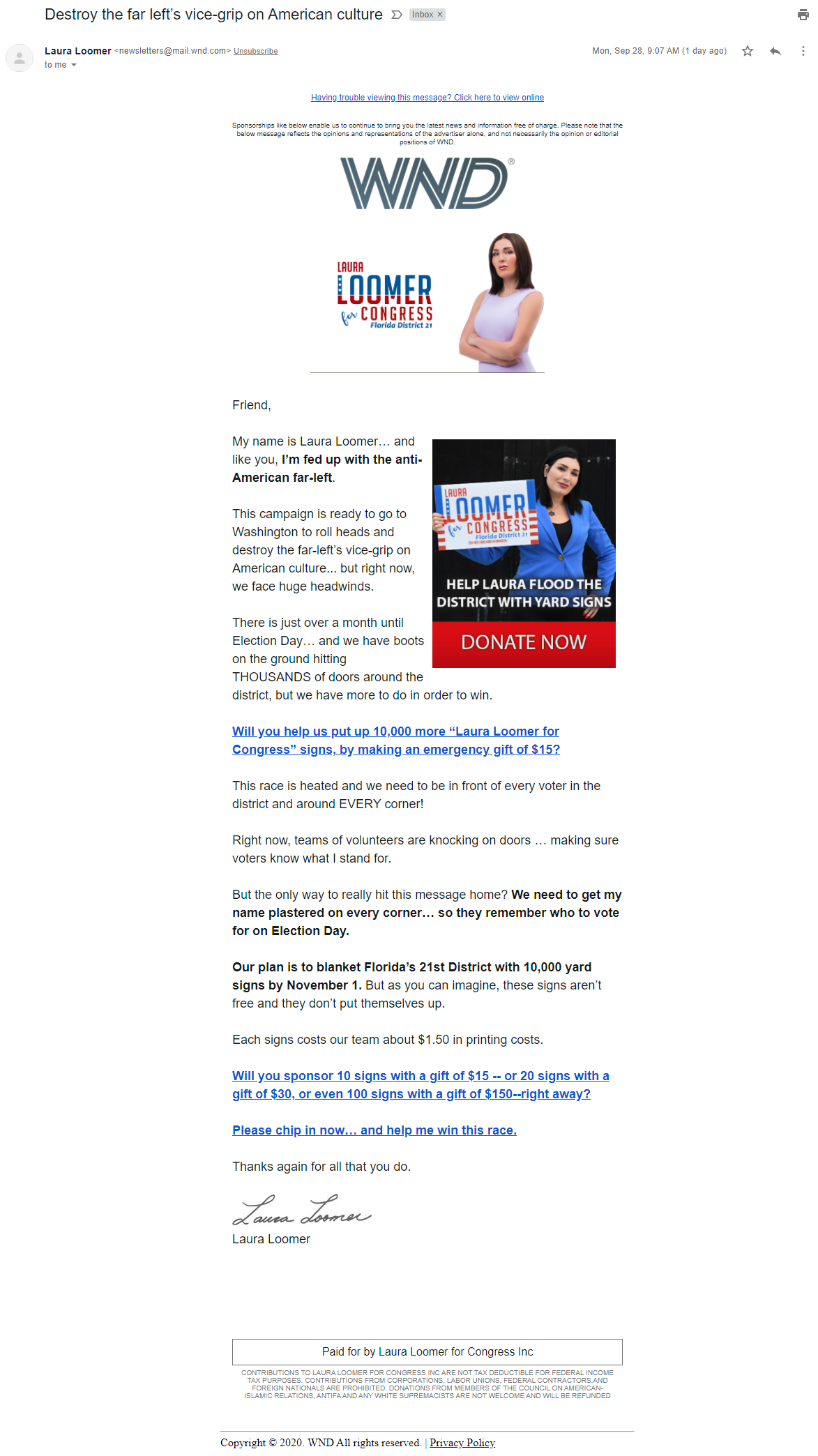 Laura Loomer email in WND image
