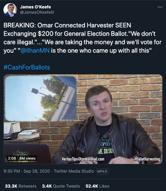 Screenshot of a Project Veritas video about ballot harvesting