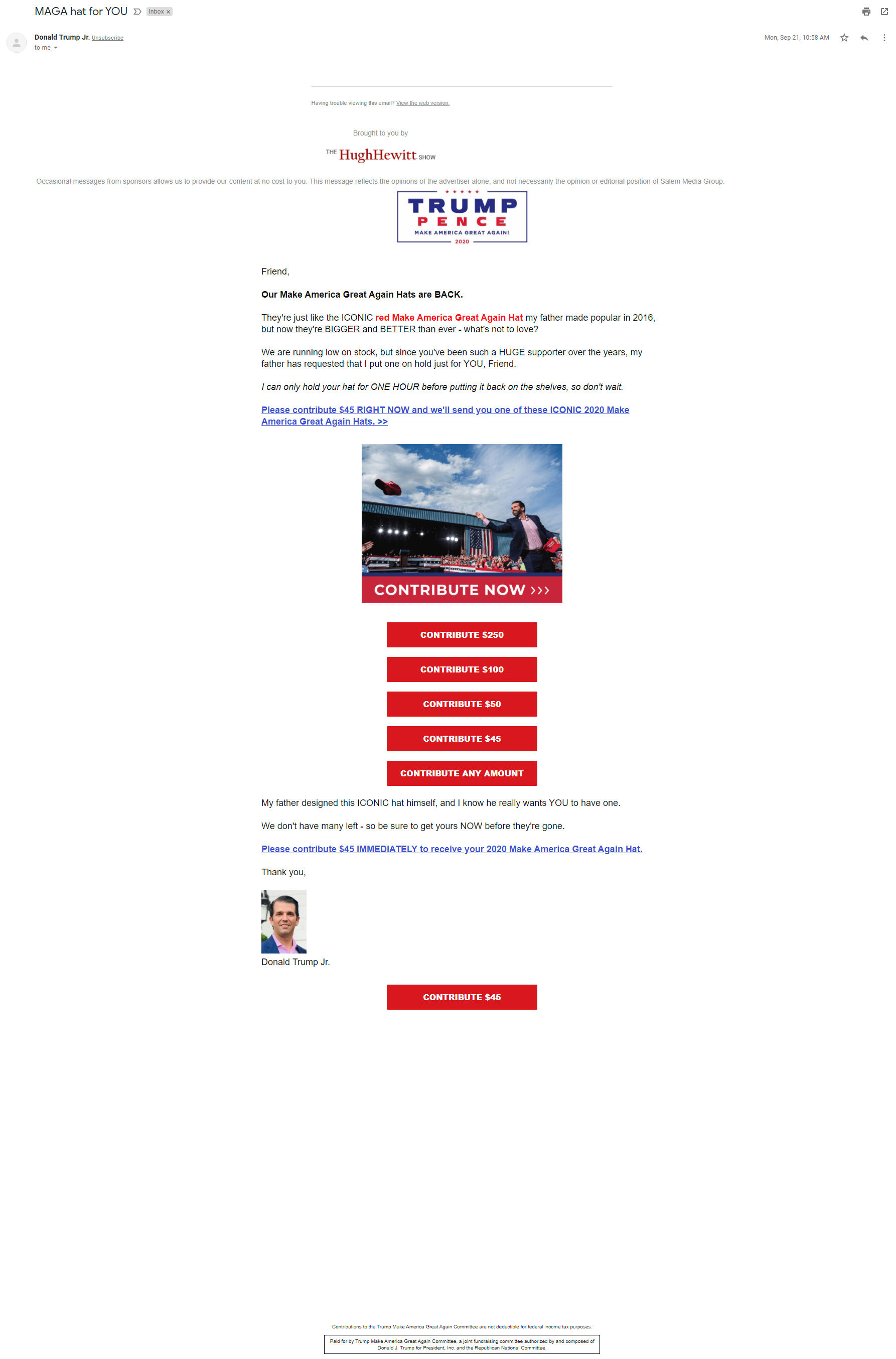 An image of The Hugh Hewitt Show's Trump Make America Great Again Committee email on September 21