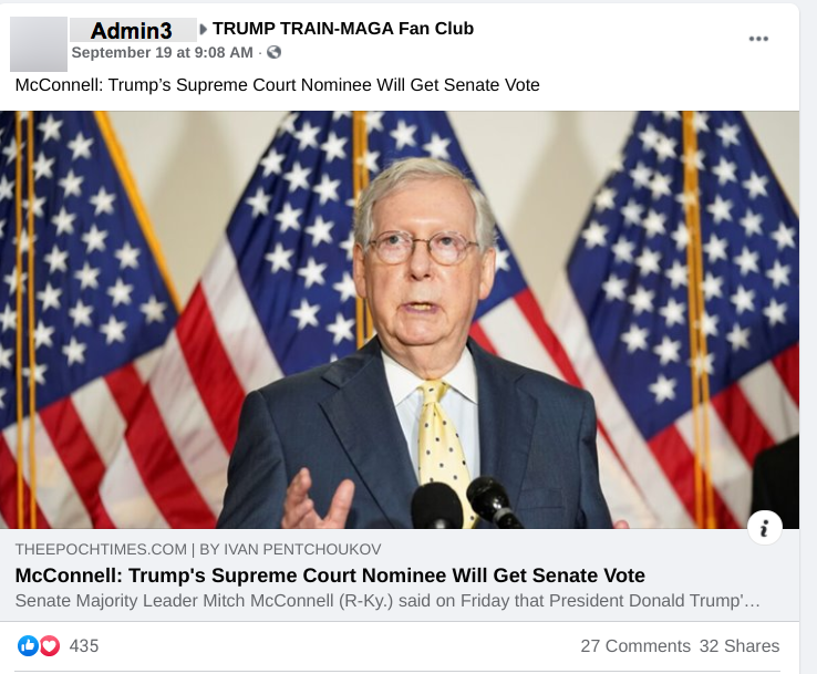 Facebook post in TRUMP TRAIN-MAGA Fan Club FB group