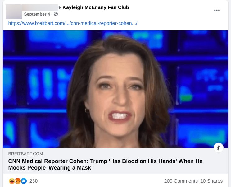 Facebook post in Kayleigh McEnany Fan Club FB group