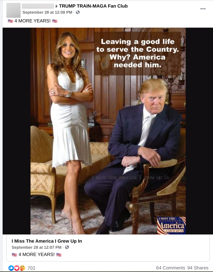 Image of Facebook post in TRUMP TRAIN-MAGA Fan Club FB group