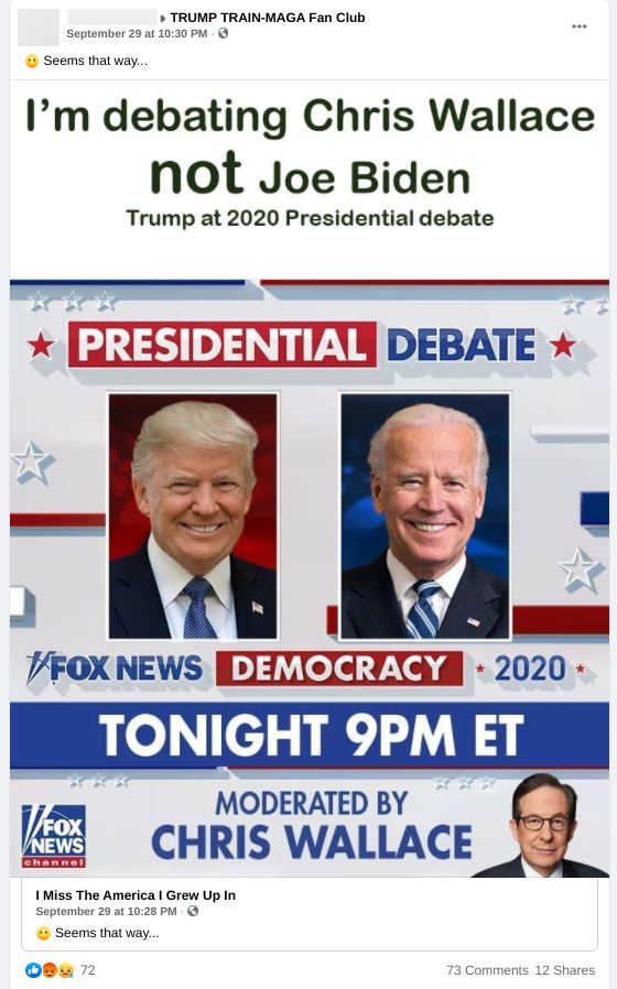 Image of Facebook post in TRUMP TRAIN-MAGA Fan Club FB group