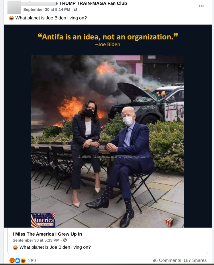 Facebook post in TRUMP TRAIN-MAGA Fan Club FB group