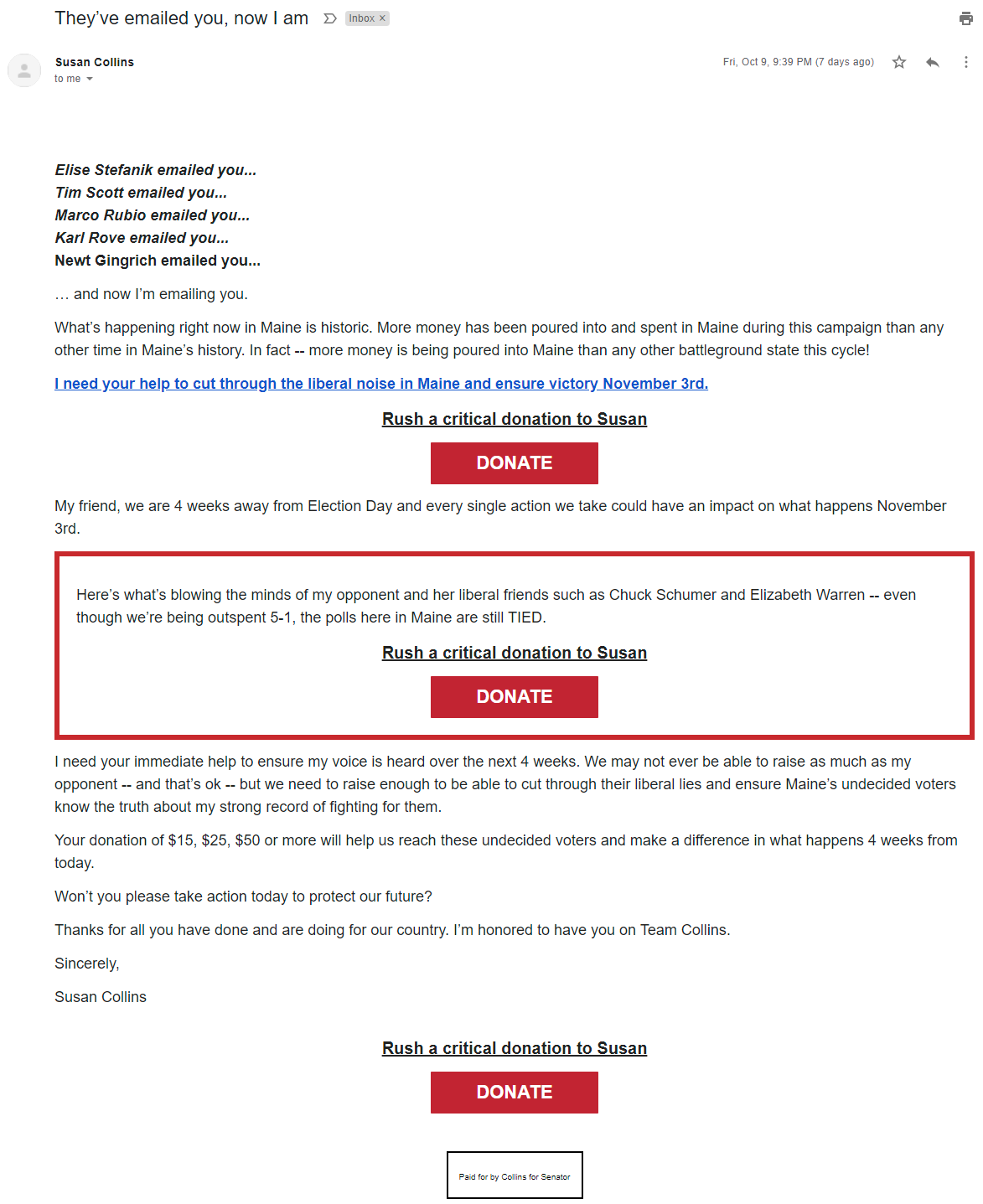 An image of Susan Collins' email referencing Karl Rove and Newt Gingrich
