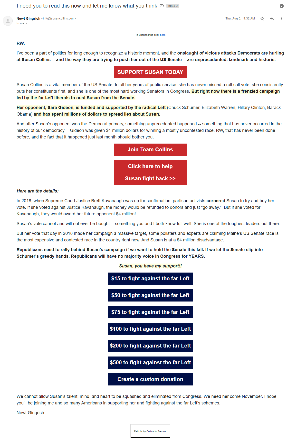 An image of Newt Gingrich's email for Susan Collins (August 6, 2020)