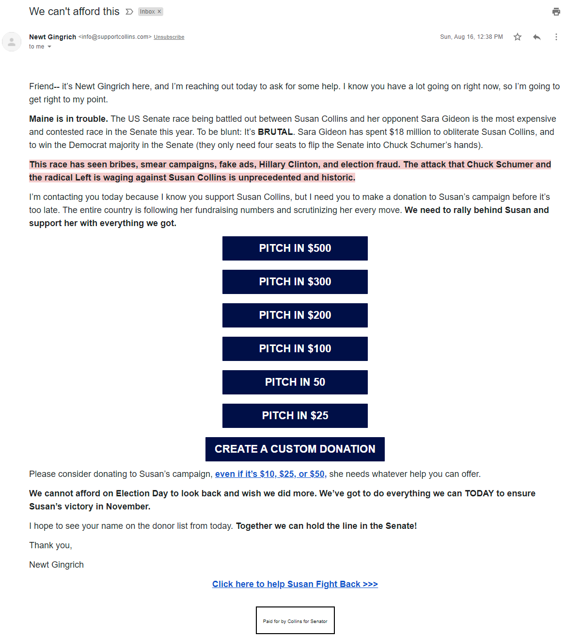 An image of Newt Gingrich's email for Susan Collins (August 16, 2020)