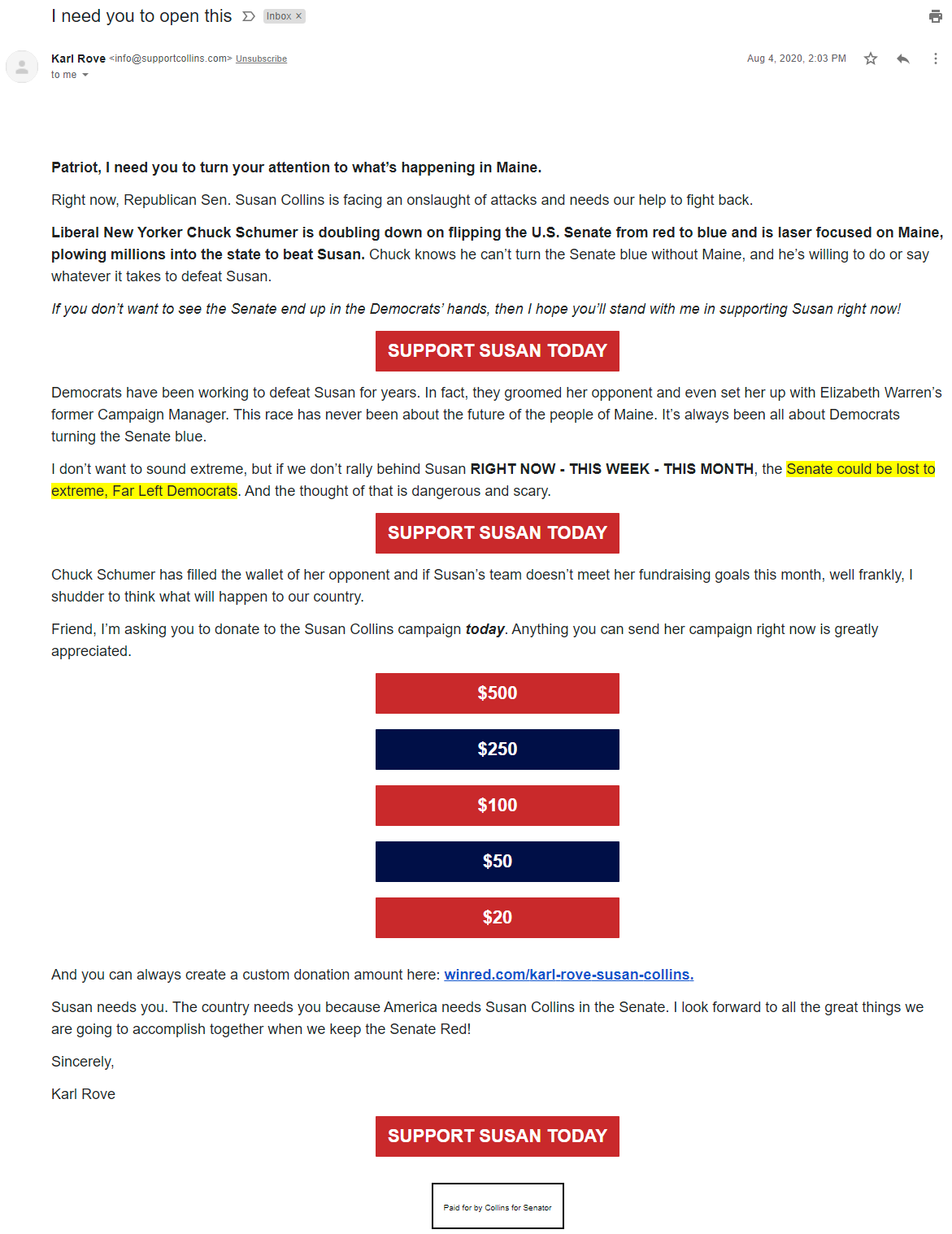 An image of Karl Rove's email for Susan Collins (August 4, 2020)