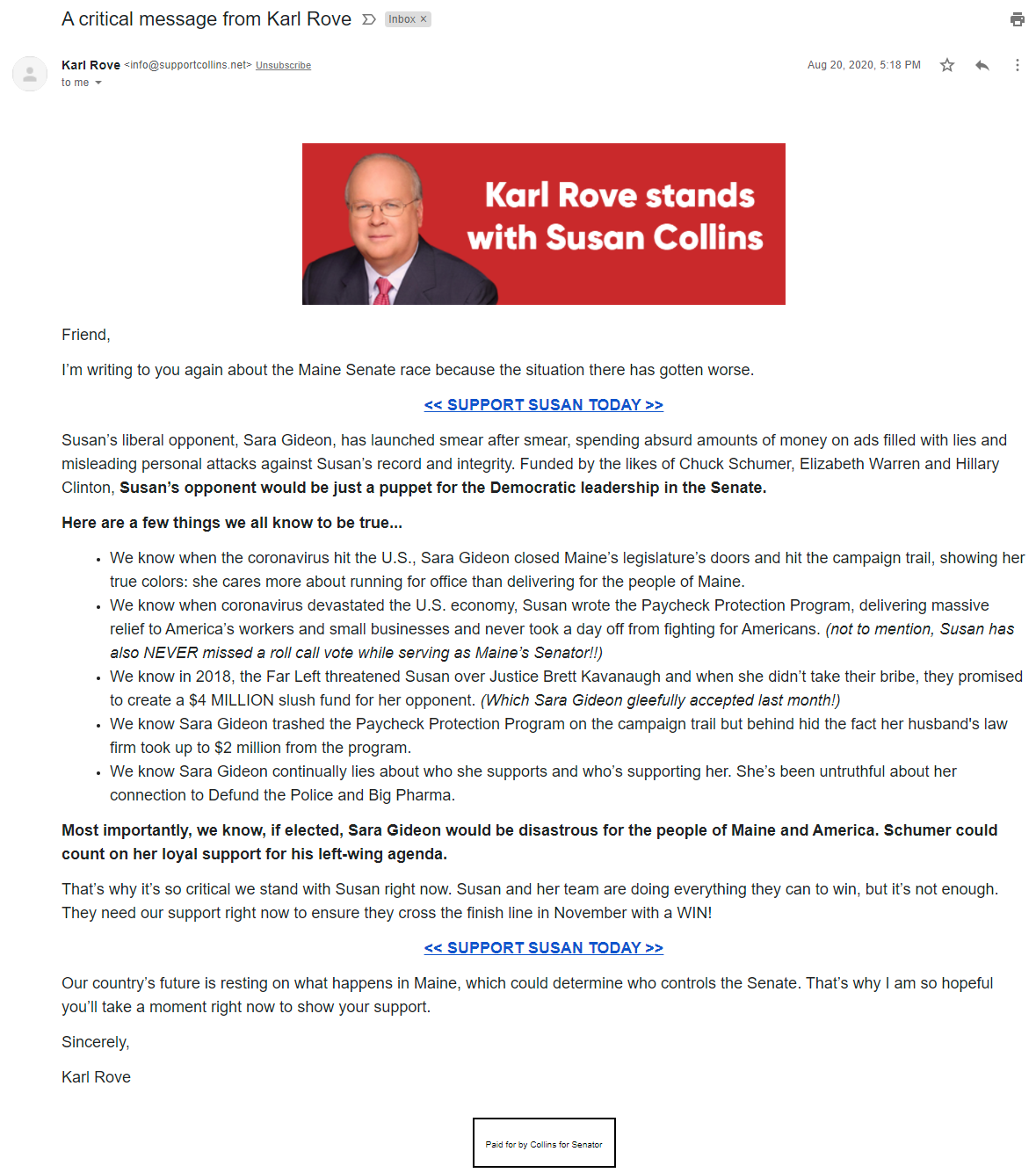 An image of Karl Rove's email for Susan Collins (August 20, 2020)