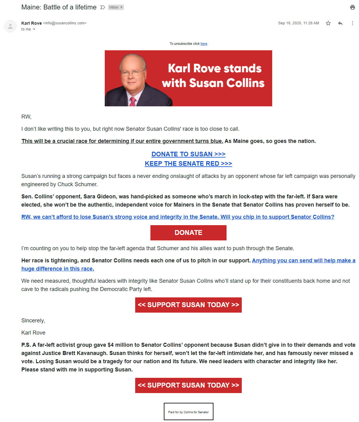 Karl Rove's email for Susan Collins (September 10, 2020)