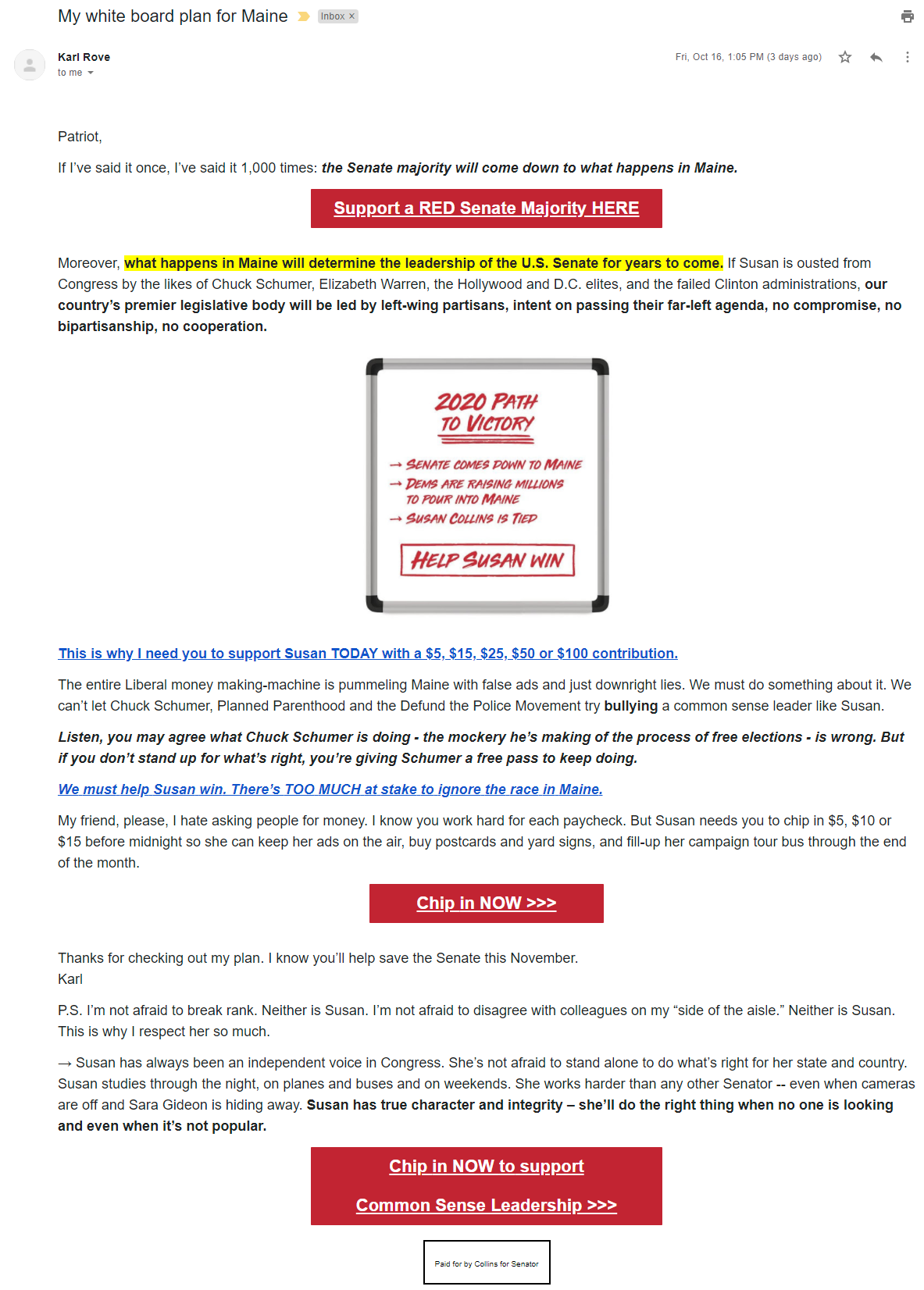 An image of Karl Rove's email for Susan Collins (October 16, 2020)