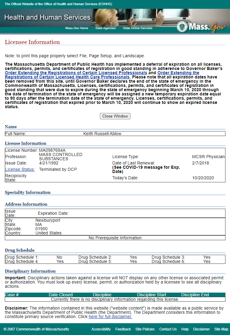 An image of Keith Ablow's medical license status (10/20/20)