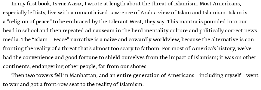An image from Pete Hegseth's book: “The ‘Islam = Peace’ narrative is a naive and cowardly worldview.”
