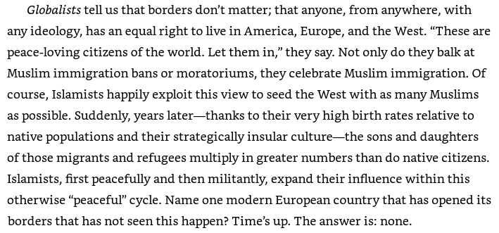 An image from Pete Hegseth's book: Hegseth complained that “Islamists happily exploit this view [Muslim immigration] to seed the West with as many Muslims as possible.”