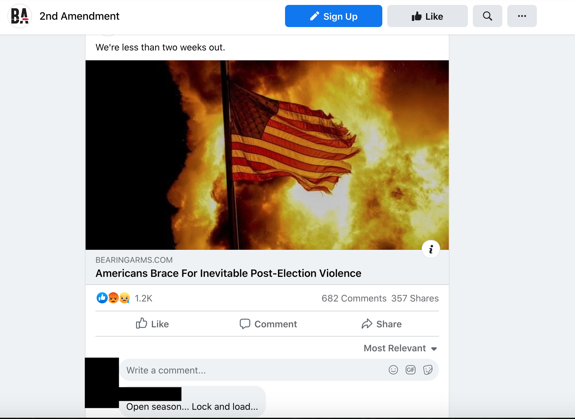 Comments on Pro-gun Facebook pages predicting post-election violence 