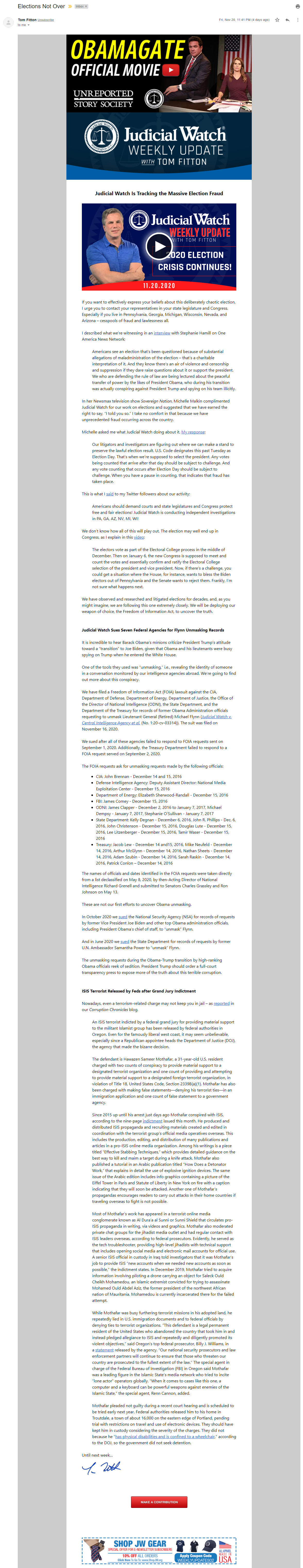 An image of Tom Fitton's election grifters email