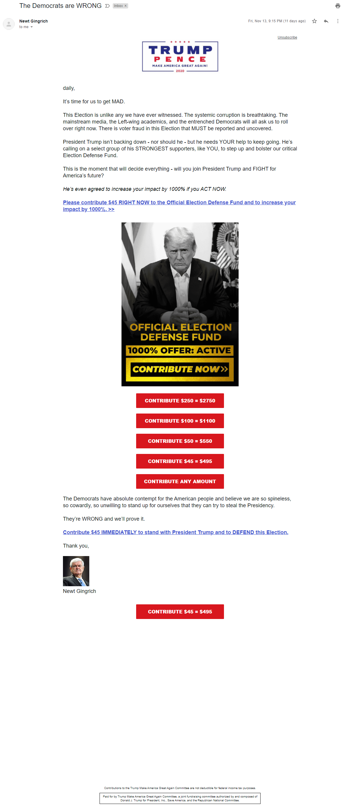 An image of Newt Gingrich's election grifters email