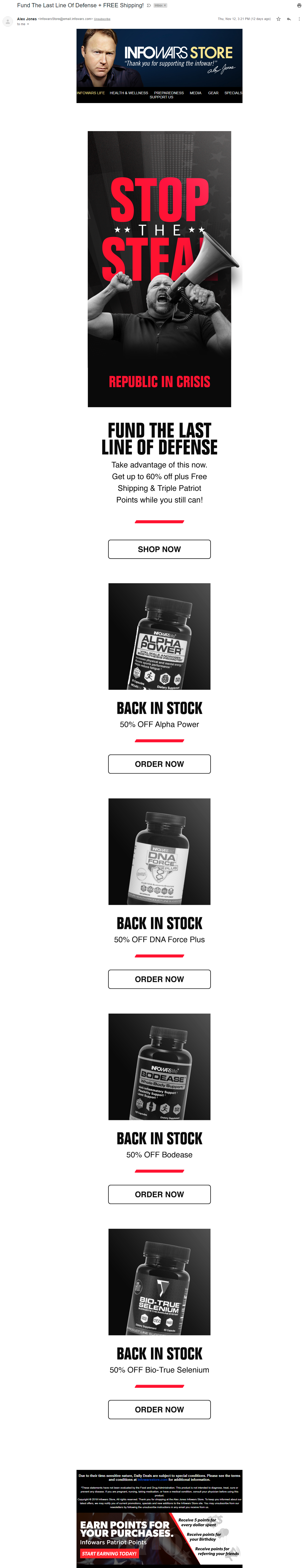 An image of Alex Jones' election grifters email