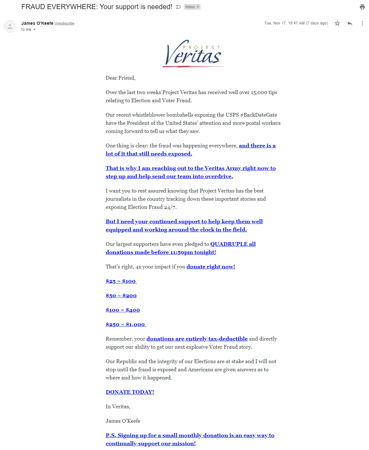 An image of James O'Keefe's election grifters email