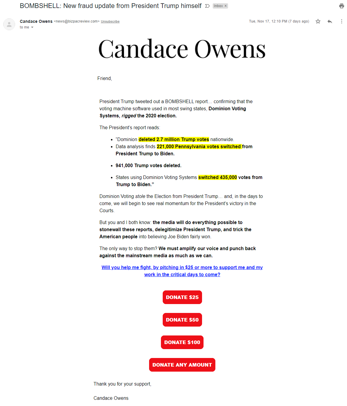 An image of Candace Owens' election grifters email