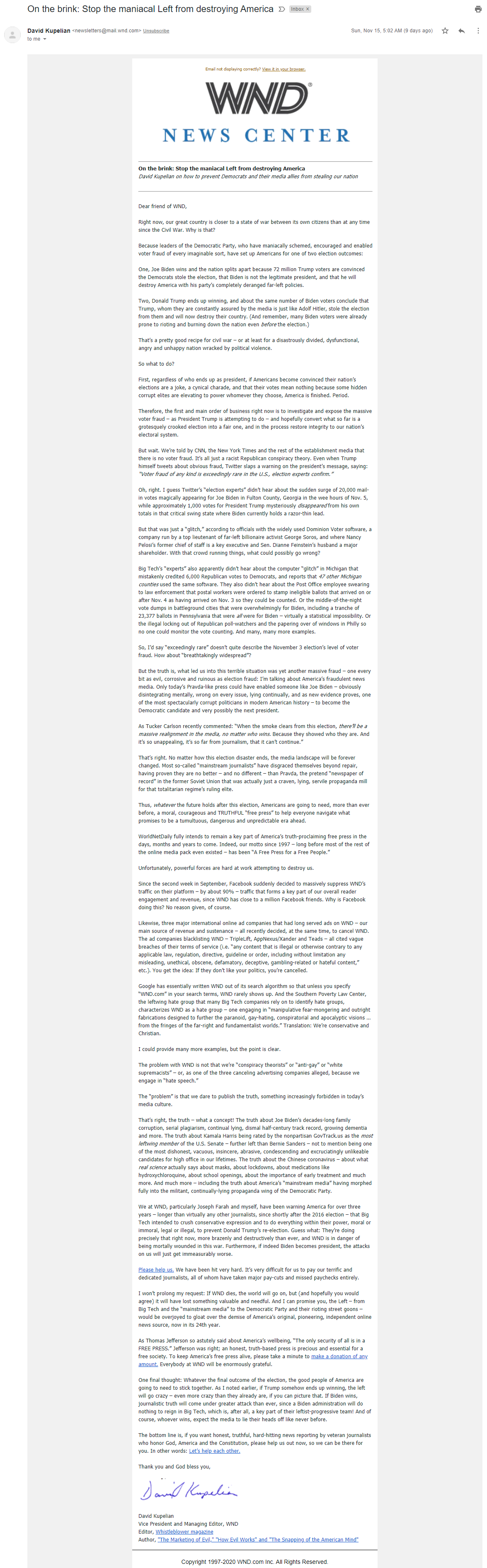 An image of David Kupelian's election grifters email