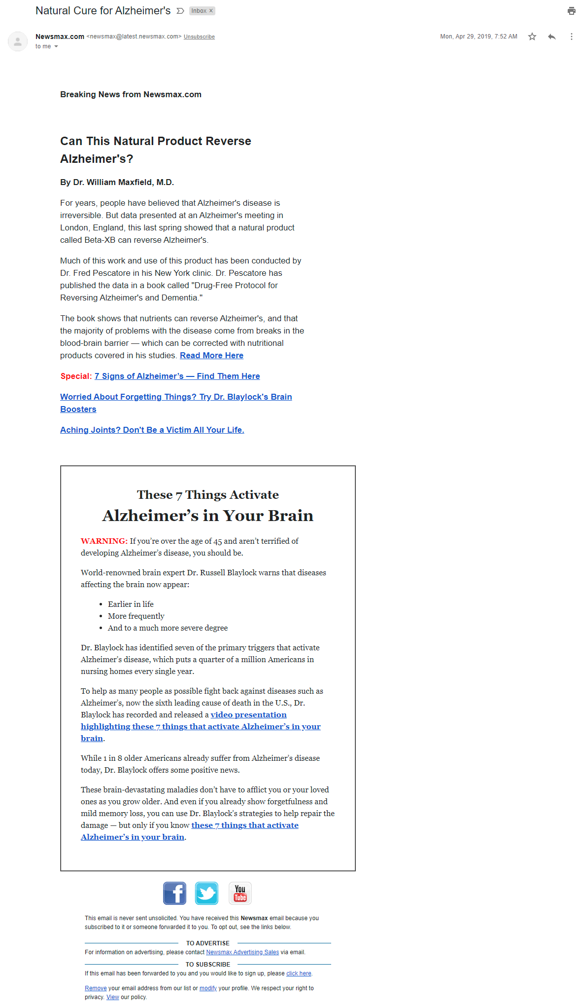 Newsmax's April 2019 Alzheimer's email false claim