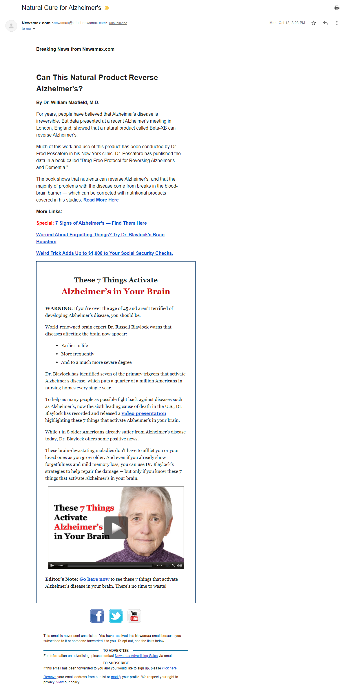 An image of Newsmax's October 2020 Alzheimer's email false claim