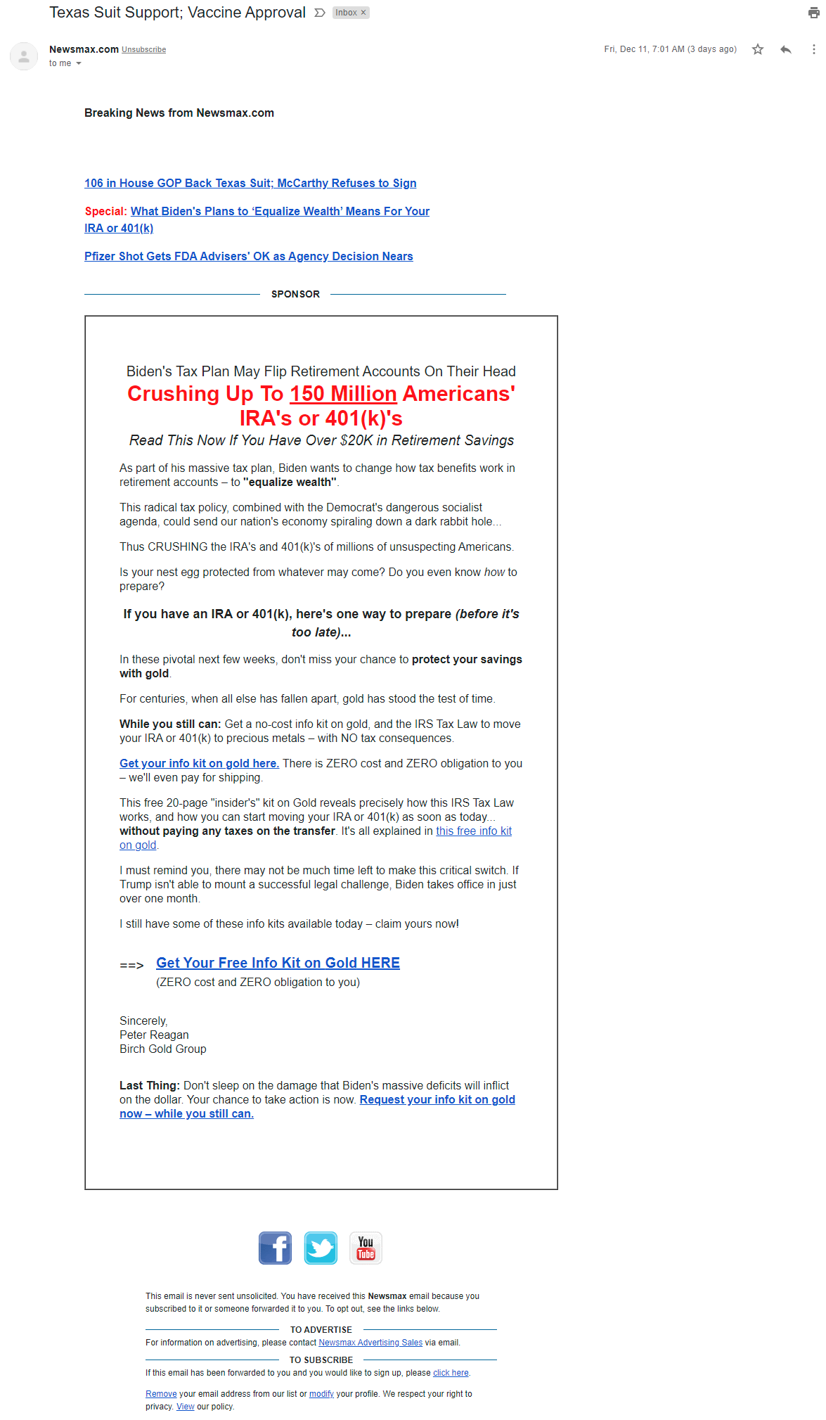 Newsmax's sponsored email for Birch Gold Group on December 11