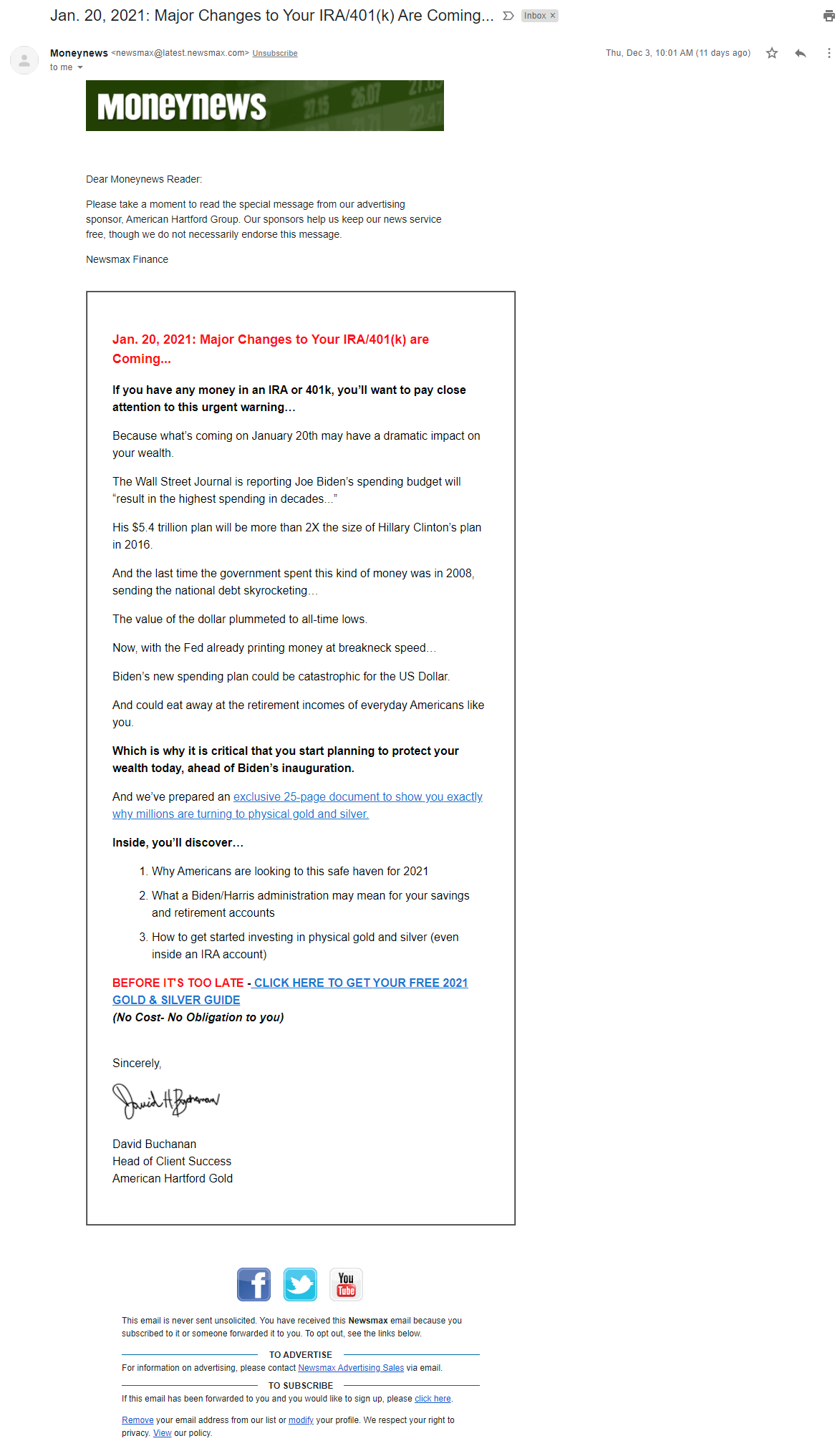 Newsmax's sponsored email for American Hartford Gold Group (Moneynews)