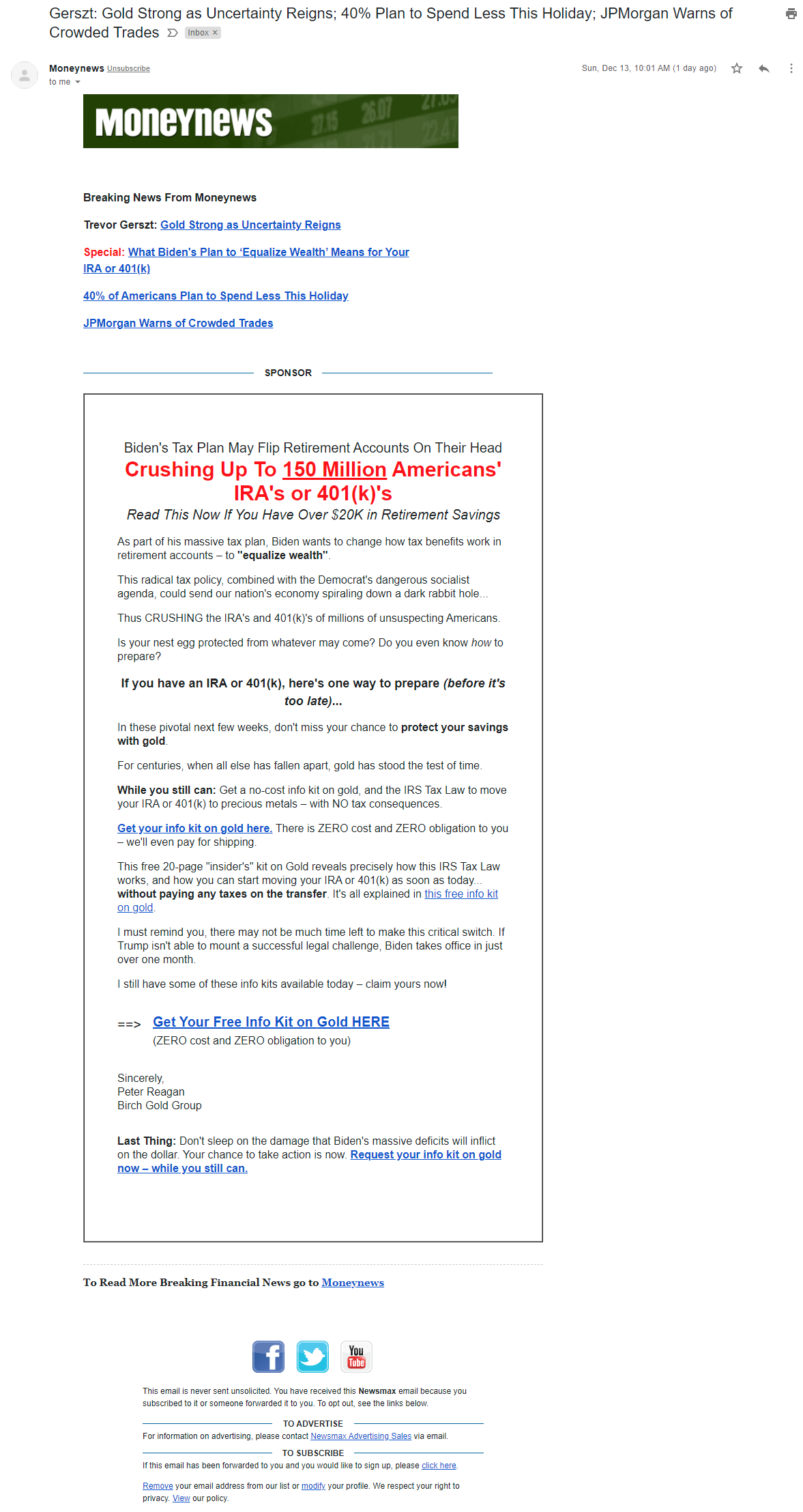 Newsmax's sponsored email for Birch Gold Group on December 13 (Moneynews)