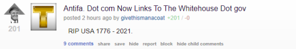 A post on pro-Trump message board TheDonald reads (spacing original): "Antifa   Dot com Now Links To The Whitehouse Dot gov RIP USA 1776 - 2021"