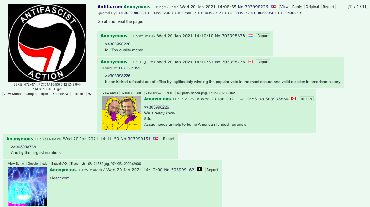 A screenshot of a thread on 4chan, where the original post asks people to "Go ahead. Visit the page" "antifa.com"