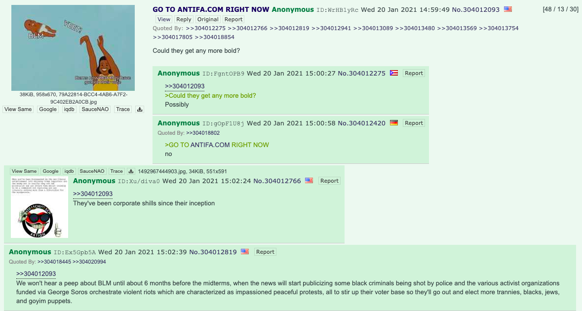 A screenshot of a thread on 4chan, where the original post says "GO TO ANTIFA.COM RIGHT NOW. Could they be any more bold?" One user replied with a comment using many anti-semitic and transphobic slurs.
