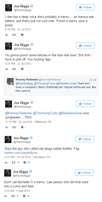 Screenshots of Joe Biggs' anti-LGBTQ tweets