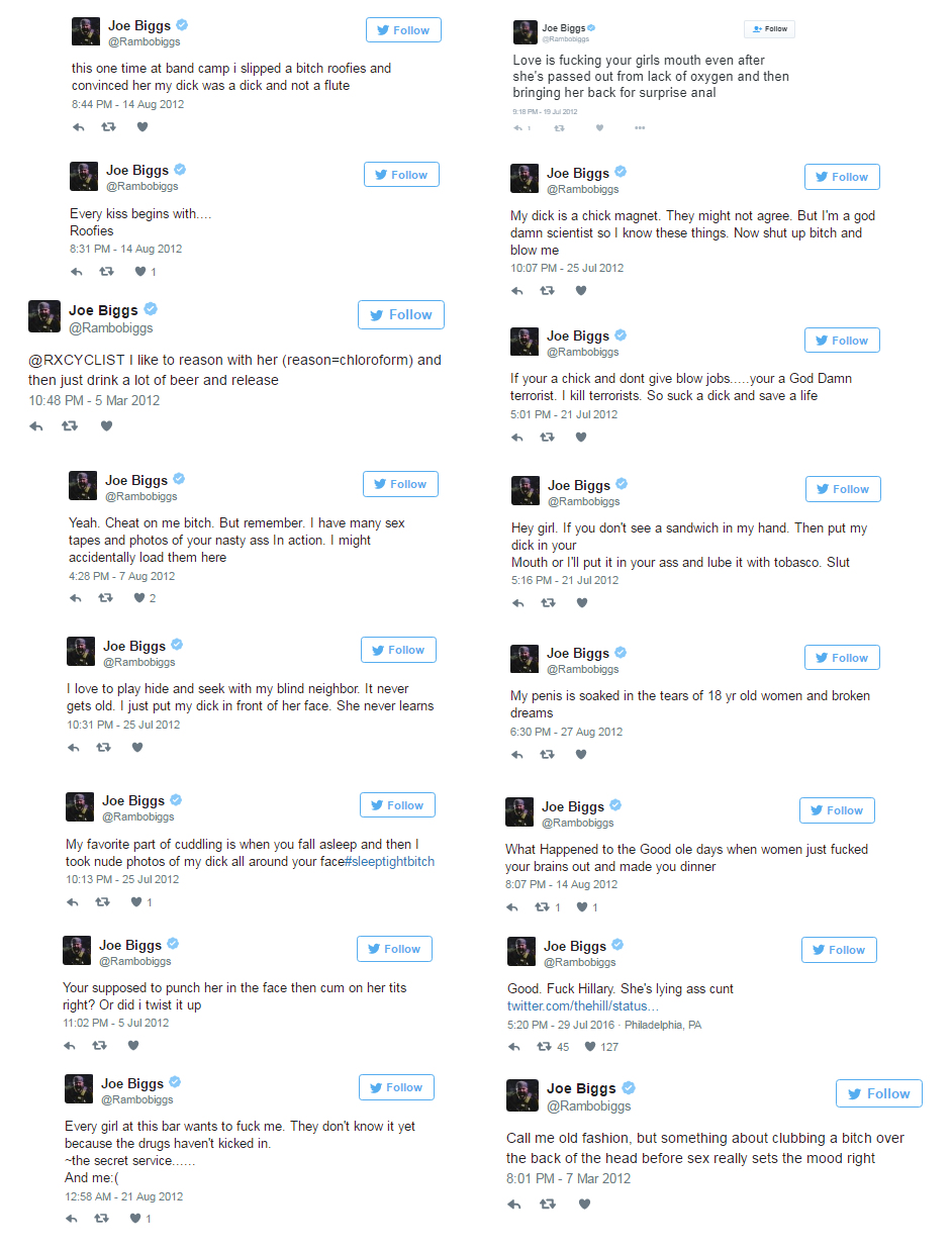 Screenshots of Joe Biggs' sexist and sexual violence tweets