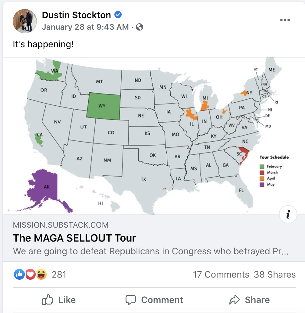 Dustin Stockton promoting "MAGA sellout" tour